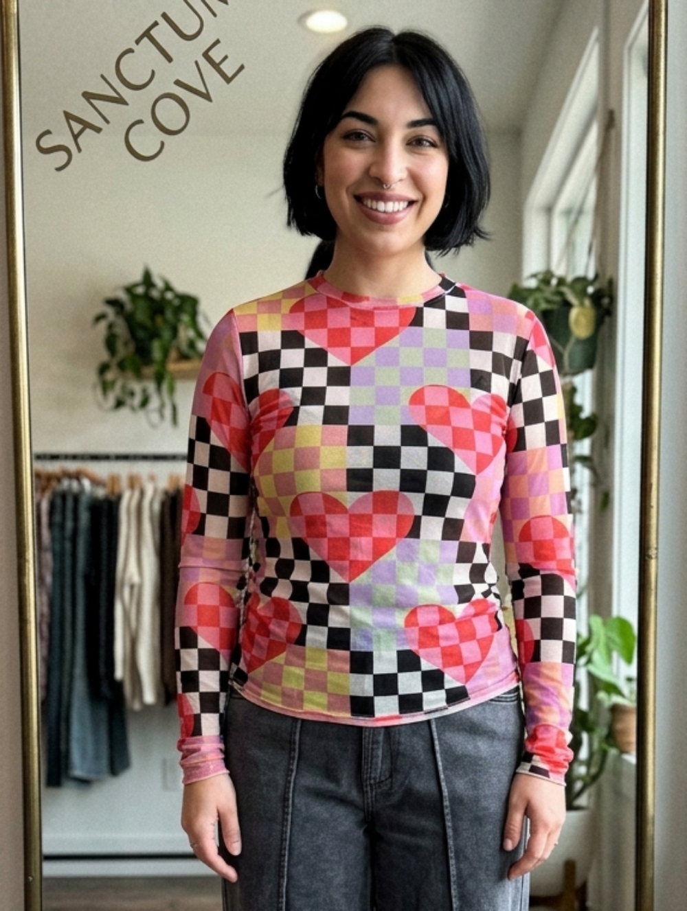 Davi & Dani Y2k Long-Sleeve Mesh Crop Top in Hearts Multi Checker